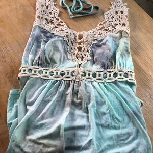 Venus Aqua Blue and Lavender halter tunic top with crochet trim GORGEOUS XL